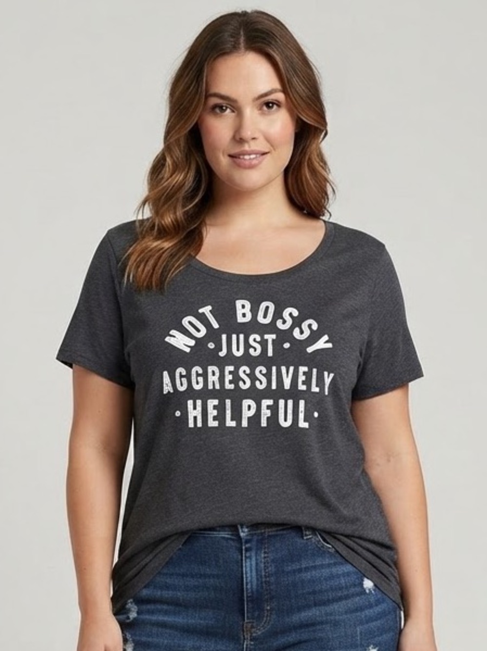 Not Bossy Just Aggressively Helpful Graphic Tee XL 22” p2p Heather Charcoal